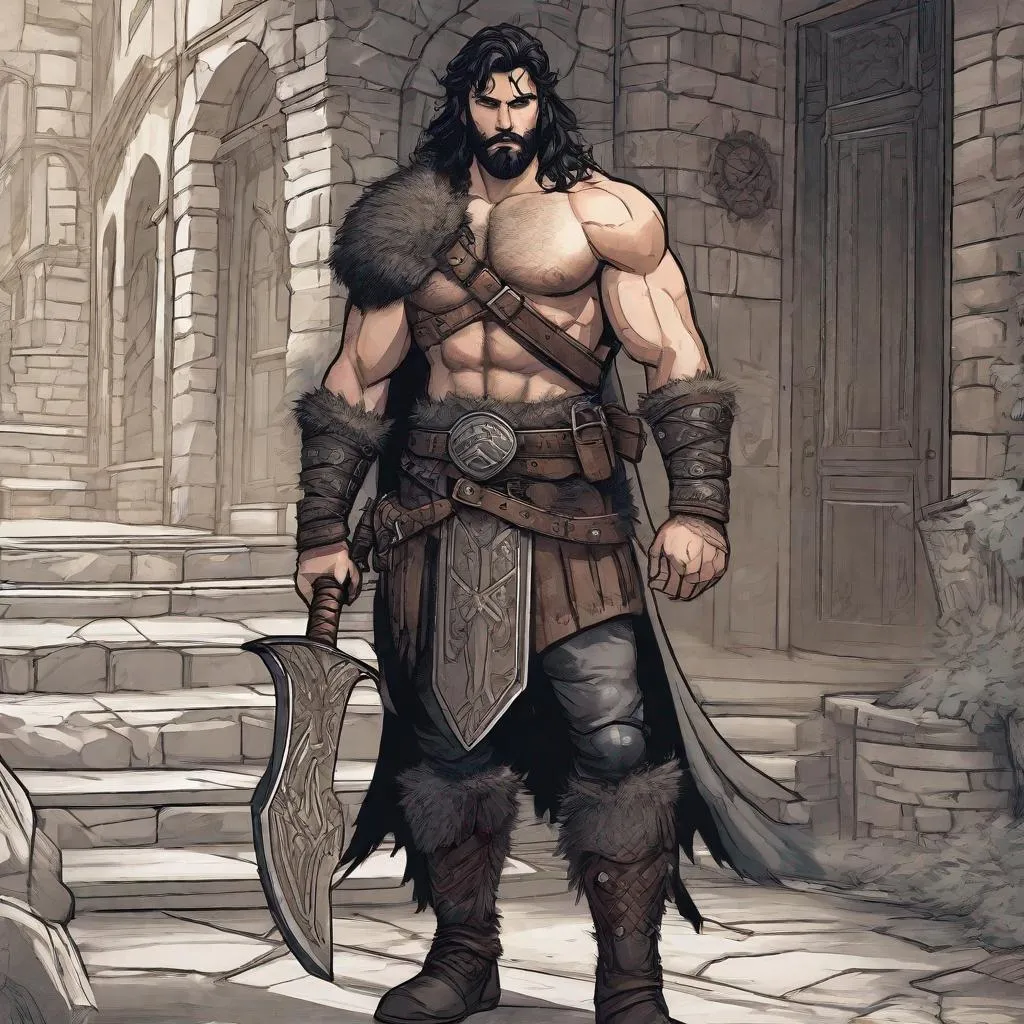 Prompt: (Full-body) A handsome hairy male barbarian with dark hair and short beard, axe in one hand, dark hide armor with natural details, chest hair, cloak, boots, dark street in a town, in a shaded painted style