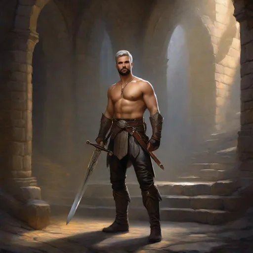 Prompt: (Full body) a paladin with short beard  grey short-cut hair no shirt on, belt, boots, leather pants, holding a sword, standing in a dark ruin, fantasy setting, dungeons & dragons, in a painted style realistic art