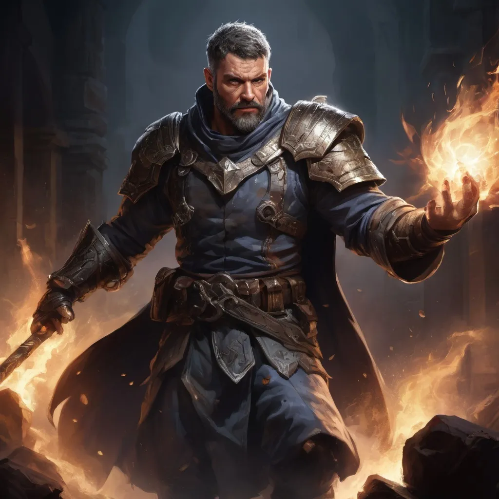 Prompt: Male stocky large mature fit battle-mage with short-cut hair and beard, engaged in combat casting an explosive-spell in a dark dungeon room, pathfinder, d&d setting, realistic, enhanced shadow quality