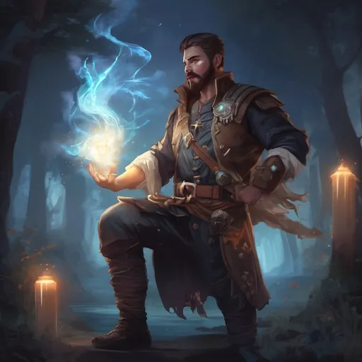 Prompt: (Full body) male stocky young muscular pirate with short-cut hair and a mustache, casting an astral-spell, in nature at night pathfinder, d&d setting, in a realistic digital art style