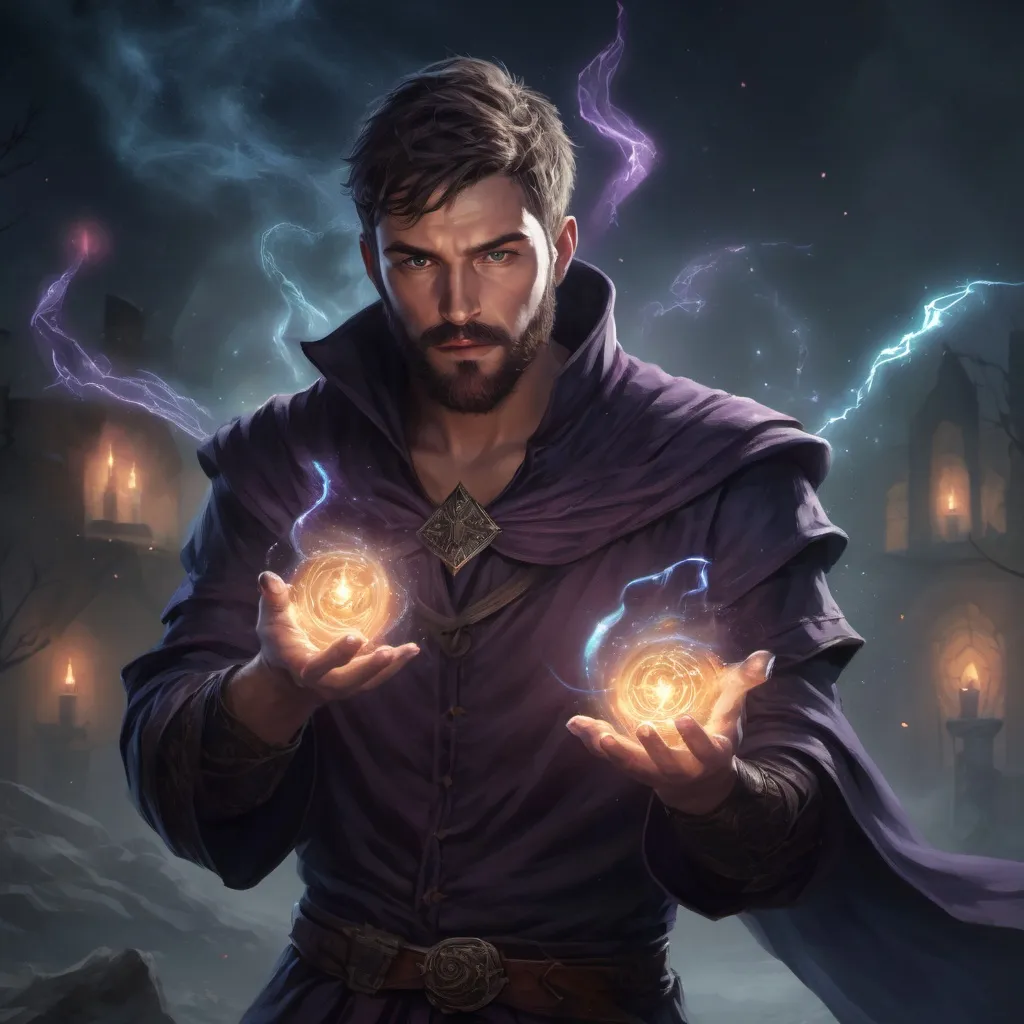 Prompt: male stocky masculine sorcerer with short hair and beard, casting a spell out of hands, in a magical battlefield at night, pathfinder, d&d setting, in a realistic high quality digital art style