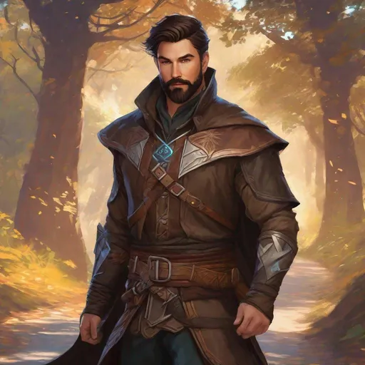 Prompt: A male ranger with dark short hair and beard, boots, magical swirls, standing on a road,pathfinder, dungeons & dragons, in a detailed realistic digital art style