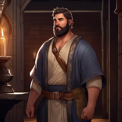 Prompt: (Full body) male stocky hairy-chested druid with short hair and beard, open shirt, in a dark hall, pathfinder, d&d setting, in a realistic digital art style