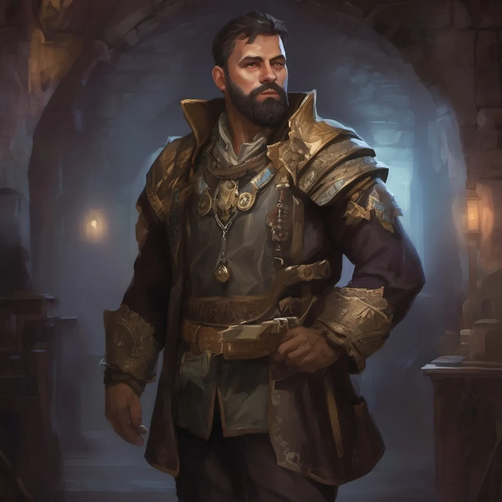 Prompt: (Full body) male stocky middle-aged magical artificer with black short-cut hair and beard, in a dark underground, pathfinder, d&d setting, in a realistic digital art style