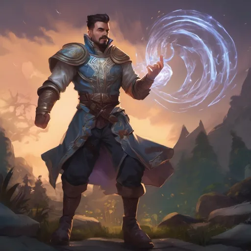 Prompt: (Full body) male stocky young muscular cleric with short-cut hair and a mustache, casting a swirly astral-spell, in nature at night pathfinder, d&d setting, in a realistic digital art style