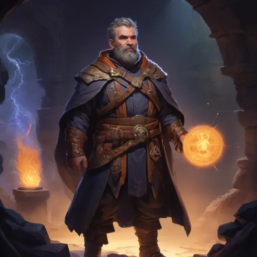 Prompt: Male stocky large mature Historian arcane-druid with short-cut hair and beard, exploring a dark astral magical dungeon in combat, pathfinder, d&d setting, in a realistic high quality digital art style, enhanced shadow quality, colorful