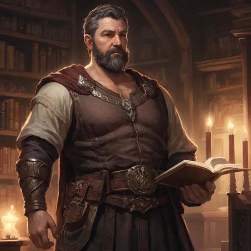 Prompt: a stocky fat mature male cleric with short hair and beard, no shirt on,  in a dark library, d&d setting, pathfinder, realistic art style, enhanced shadow quality