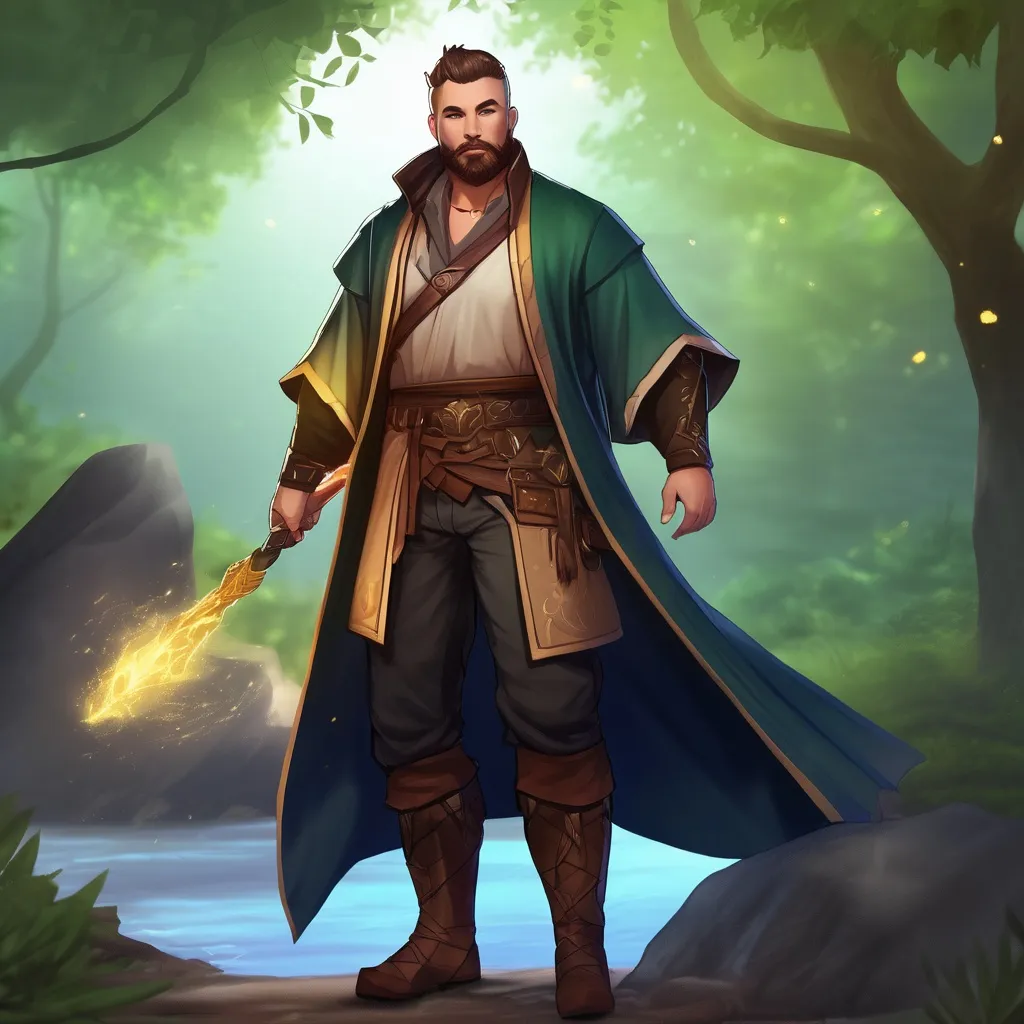 Prompt: (Full body) male stocky magical nature-mage with short hair and beard, open shirt, in dark lit nature background, pathfinder, d&d setting, in a realistic digital art style