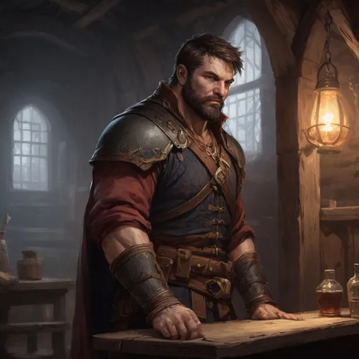 Prompt: Male stocky large muscular royal bard with short-cut hair and beard, exploring a dark tavern room, pathfinder, d&d setting, realistic, enhanced shadow quality
