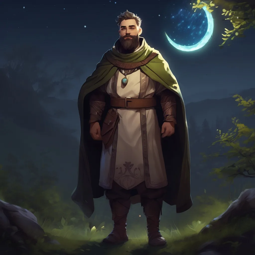 Prompt: (Full body) male magical stocky cleric with short hair and beard, in nature at night, pathfinder, d&d setting, in a realistic digital art style