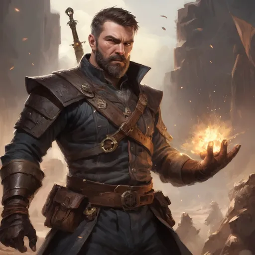 Prompt: Male stocky heavy-set mature illutionist with short-cut hair and beard, on a battlefield, in combat, casting a brown-spell, pathfinder, d&d setting, enhanced shadow quality, realistic