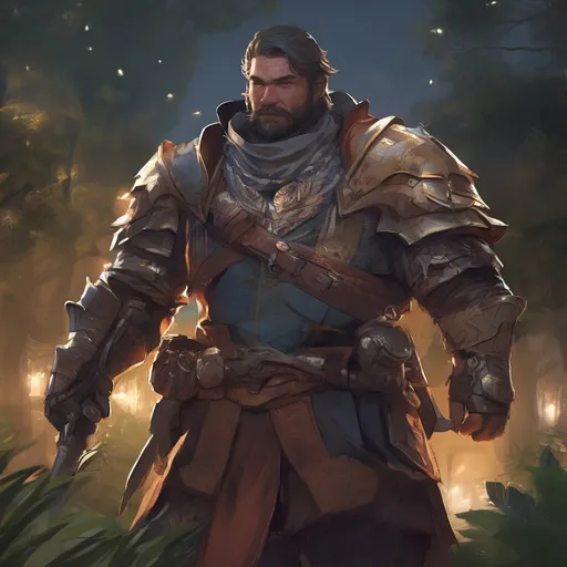 Prompt: (Full body) male stocky big-chested noble dragoon with striped short hair and beard, in nature at night, pathfinder, d&d setting, in a realistic digital art style