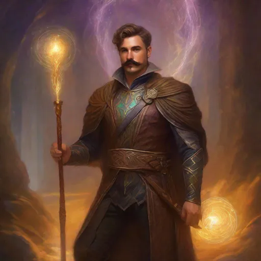 Prompt: (Full body) a male magus with mustache and stubble short-cut hair, handsome manly face, belt, boots, revealing clothing, hairy chest, holding magical staff, swirly lights, standing in a otherwordly dimention, fantasy setting, dungeons & dragons, in a painted style realistic art