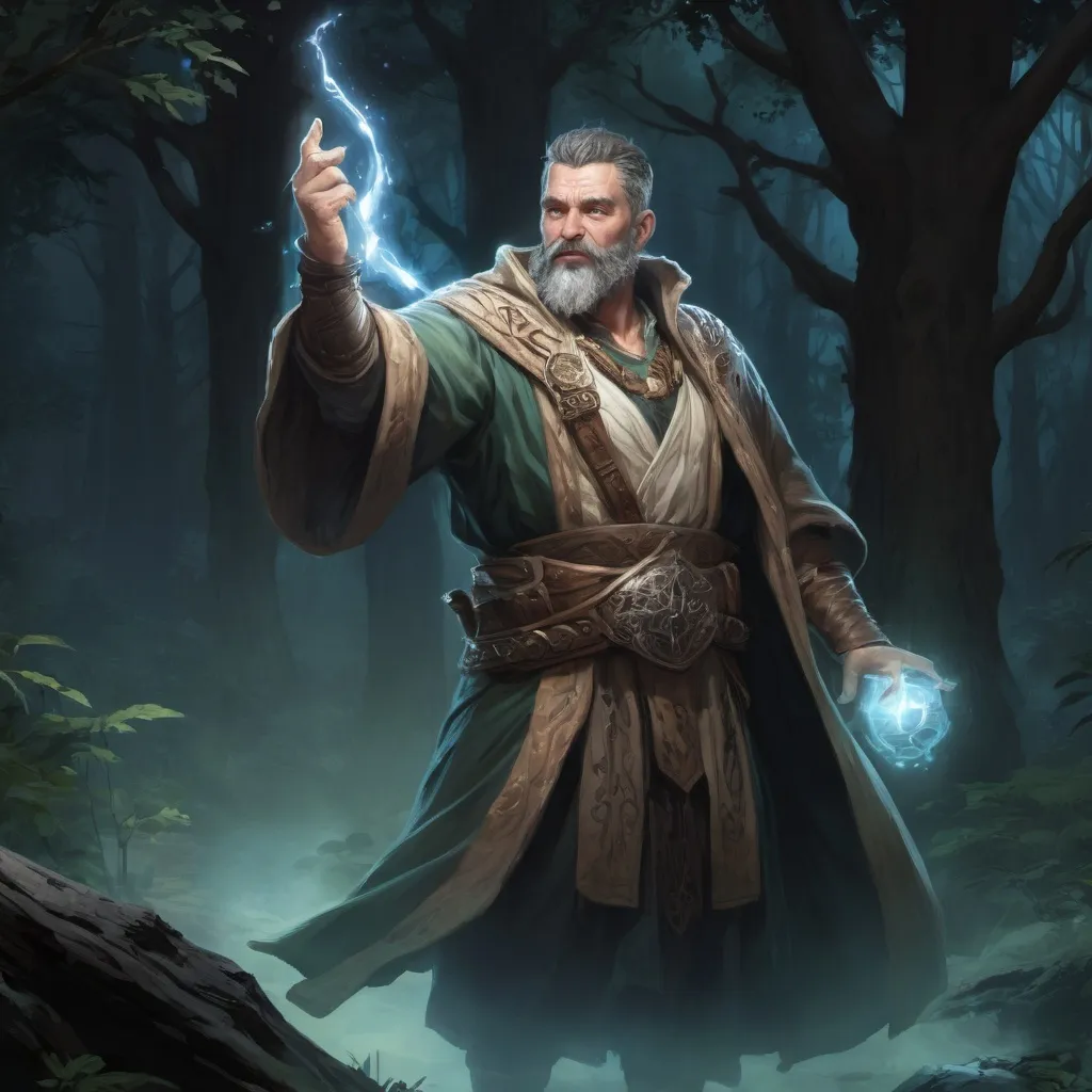 Prompt: Male stocky heavy-set mature druid with short-cut hair and beard, magical glowing robes, casting a spell in combat outside of fantasy forest at night, pathfinder, d&d setting, in a realistic high quality digital art style, enhanced shadow quality