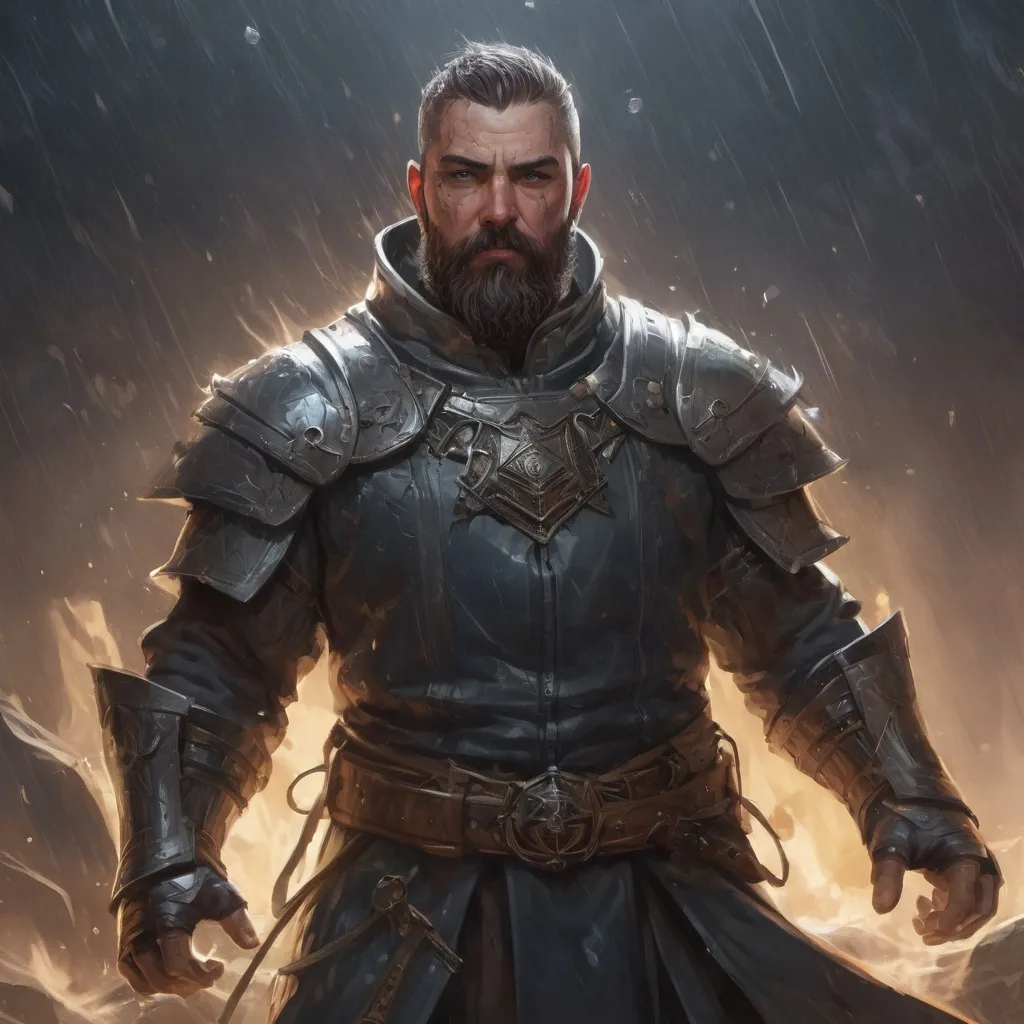 Prompt: Male stocky heavy-set large armoured cleric with short-cut hair and beard, casting a magical spell out of hands, on a battlefield in the rain, pathfinder, d&d setting, in a realistic high quality digital art style, enhanced shadow quality