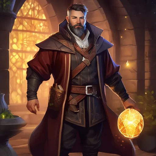 Prompt: (Full body) male stocky magical alchemist with short hair and beard, in dark lit nature background, pathfinder, d&d setting, in a realistic digital art style