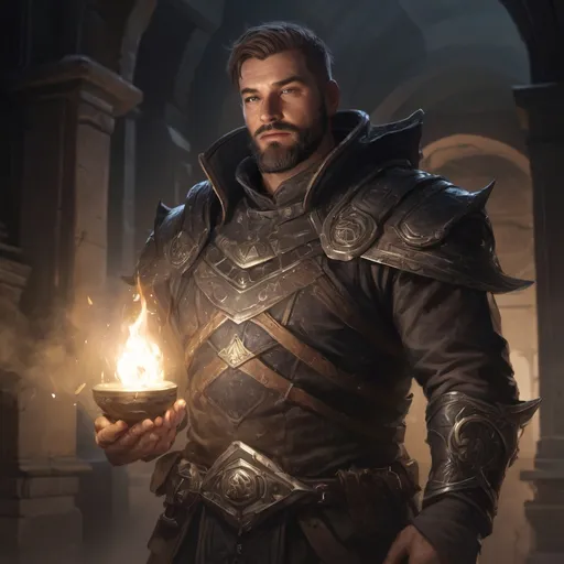 Prompt: Male stocky heavy-set holy-magic arbiter with short-cut hair and beard, big belly, inside a temple dungeon at night, pathfinder, d&d setting, in a realistic high quality digital art style, enhanced shadow quality