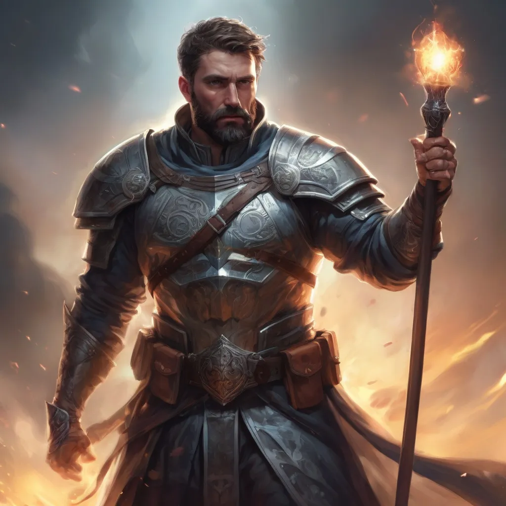 Prompt: (torso) Male stocky manly magical crusader with short-cut hair and beard, on a battlefield, in combat, holding a magic staff, bright aura, pathfinder, d&d setting, in a realistic high quality digital art style, enhanced shadow quality