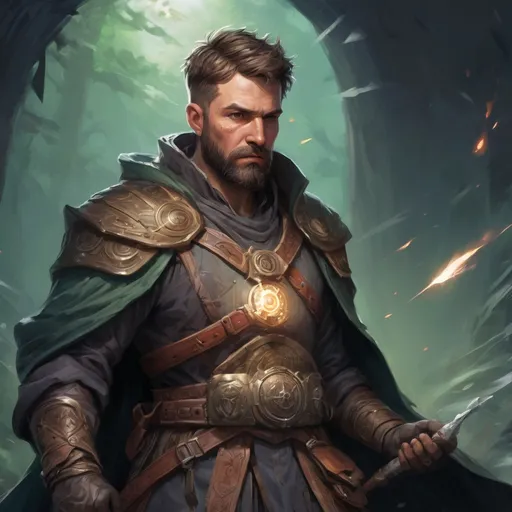 Prompt: Male stocky mature druid with short-cut hair and beard, in combat casting magic, inside of an astral magical dimention, pathfinder, d&d setting, in a realistic high quality digital art style, enhanced shadow quality
