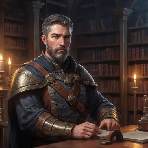 Prompt: Male stocky mature noble marksman, with short hair and beard, in a dark library in a castle, pathfinder, d&d setting, in a realistic high quality digital art style, enhanced shadow quality, colorful