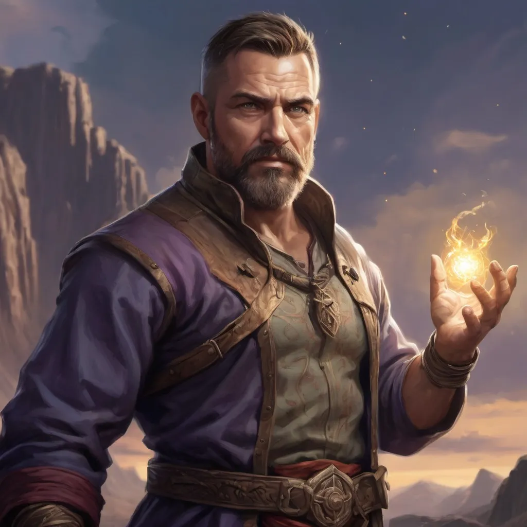 Prompt: (Torso) (portrait) Male stocky large muscular handsome 41-year old sorcerer with short-cut hair and beard, in movement casting a magic-spell in hands, standing in a windy valley at late dusk, pathfinder, d&d setting, realistic, enhanced shadow quality, colorful