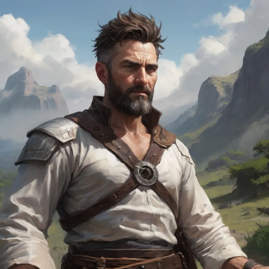 Prompt: Male heavy-set mature fit druid with short-cut hair and beard, casting healing-magic out of hands on a wounded male warrior with short hair and a beard, in a windy battlefield, pathfinder, d&d setting, enhanced shadow quality