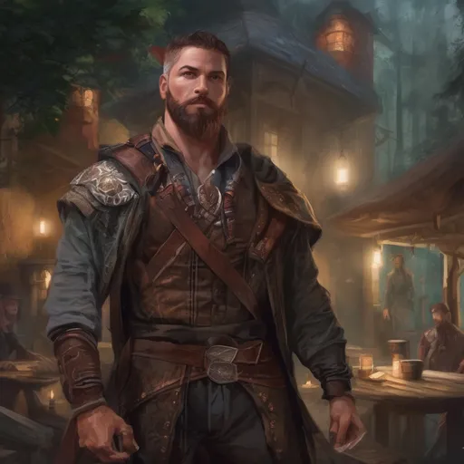 Prompt: (Full body) male handsome large muscular magical oracle with short hair and beard, outside of a tavern by a forest at night, pathfinder, d&d setting, in a realistic high quality digital art style