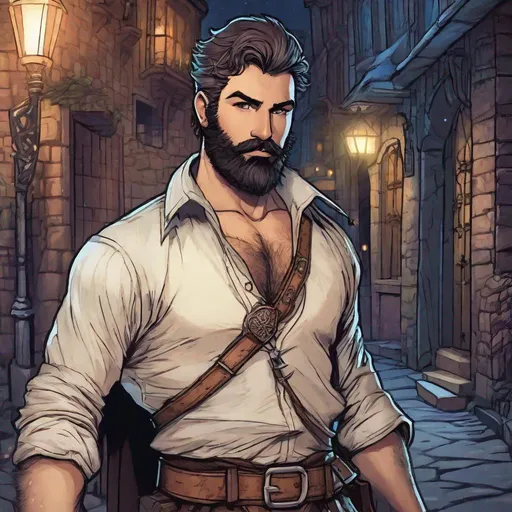 Prompt: (Full body) A male short-haired thief with open shirt hairy chest and short beard holding a dagger, manly, dungeons and dragons fantasy setting, night time in a town street, in a painted style