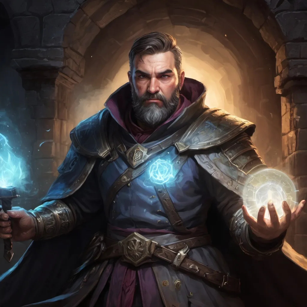 Prompt: Male stocky large mature cleric with short-cut hair and beard, engaged in combat casting a prismatic-light spell inside of a dark dungeon, pathfinder, d&d setting, in a realistic high quality digital art style, enhanced shadow quality