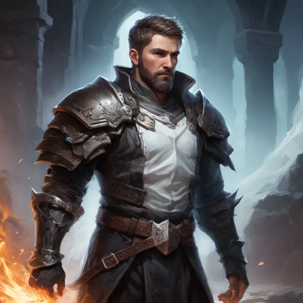 Prompt: (torso) Male stocky large handsome battle-mage with short-cut hair and beard, casting a white-spell inside a dungeon, pathfinder, d&d setting, in a realistic high quality digital art style, enhanced shadow quality