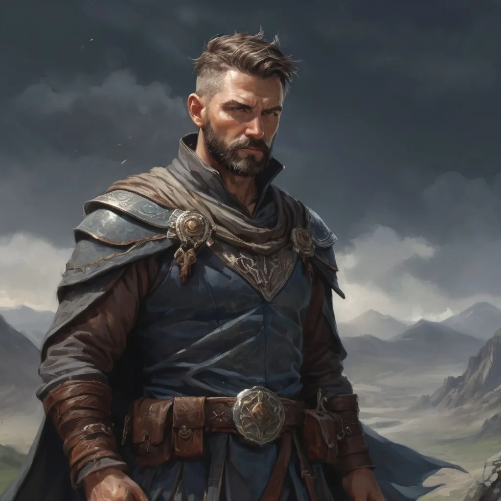 Prompt: Male stocky wide-chested fit 35-year old sacred oracle with short-cut hair and beard, in a windy mountain field, , casting a spell, pathfinder, d&d setting, enhanced shadow quality