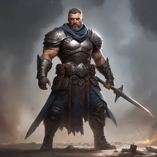 Prompt: Male stocky mature beefy guardian with short-cut hair and beard, on a battlefield, in combat, holding a sword, realistic, enhanced shadow quality