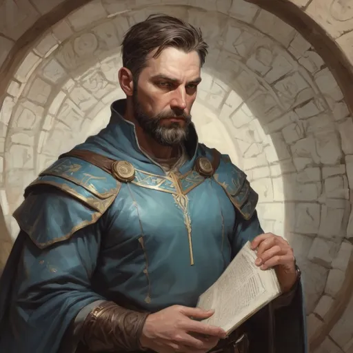 Prompt: (torso) Male stocky large fit 37-year old arcane-paladin with short-cut hair and beard, casting a magic-ray out of hands in a labyrinth, pathfinder, d&d setting, in a realistic high quality digital art style, enhanced shadow quality, colorful ((norman rockwell))