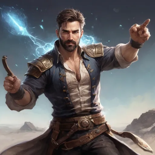 Prompt: (torso) Male stocky large fit 37-year old enchanter with short-cut hair and beard, open shirt hairy chest, in combat casting a magic-ray out of hands in a windy path, pathfinder, d&d setting, in a realistic high quality digital art style, enhanced shadow quality, colorful