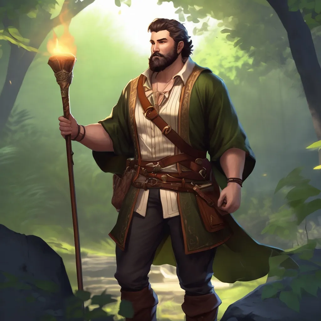 Prompt: (Full body) male stocky magical bard with short hair and beard, open shirt, in dark lit nature background, pathfinder, d&d setting, in a realistic digital art style