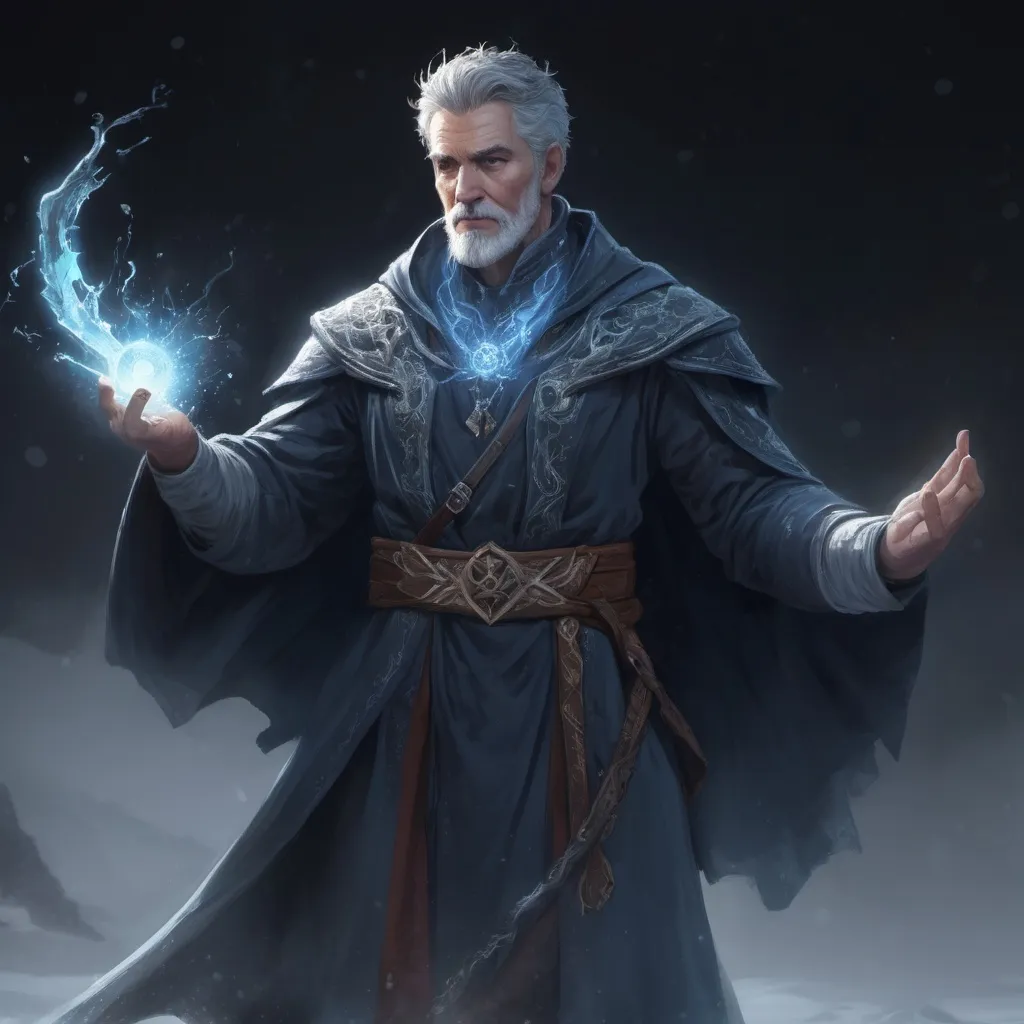 Prompt: Male stocky heavy-set mature sorcerer with short-cut hair and beard, magical robe, casting a magical frost-spell out of hands, on a batle field at night, pathfinder, d&d setting, in a realistic high quality digital art style, enhanced shadow quality