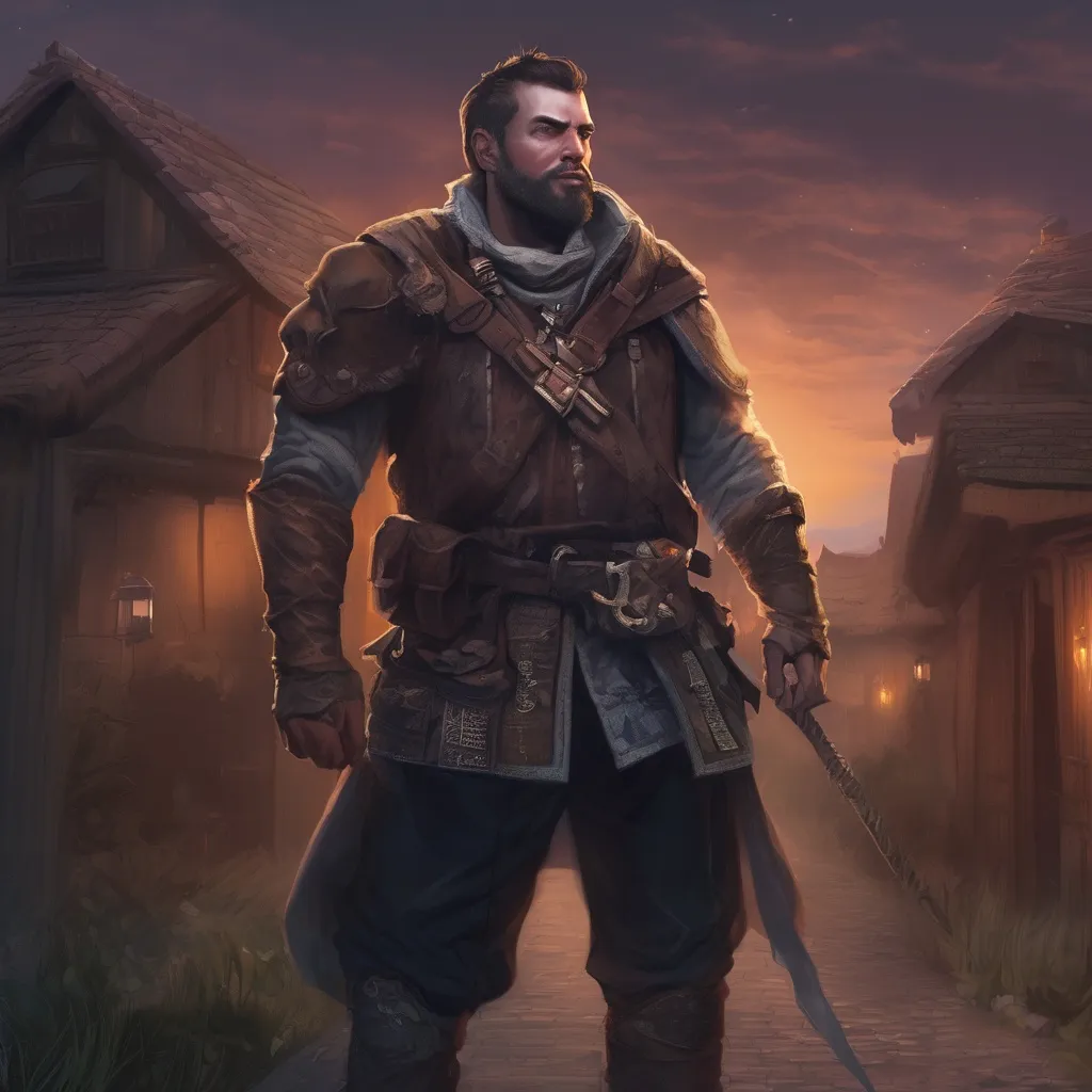 Prompt: (Full body) male manly stocky noble guard with dark short-cut hair and beard, outside of a small village at night, pathfinder, d&d setting, in a realistic digital art style