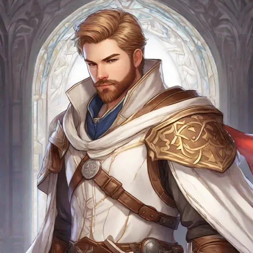 Prompt: A male white mage with dark-blonde short hair and beard, boots, pathfinder, in a detailed realistic digital art style