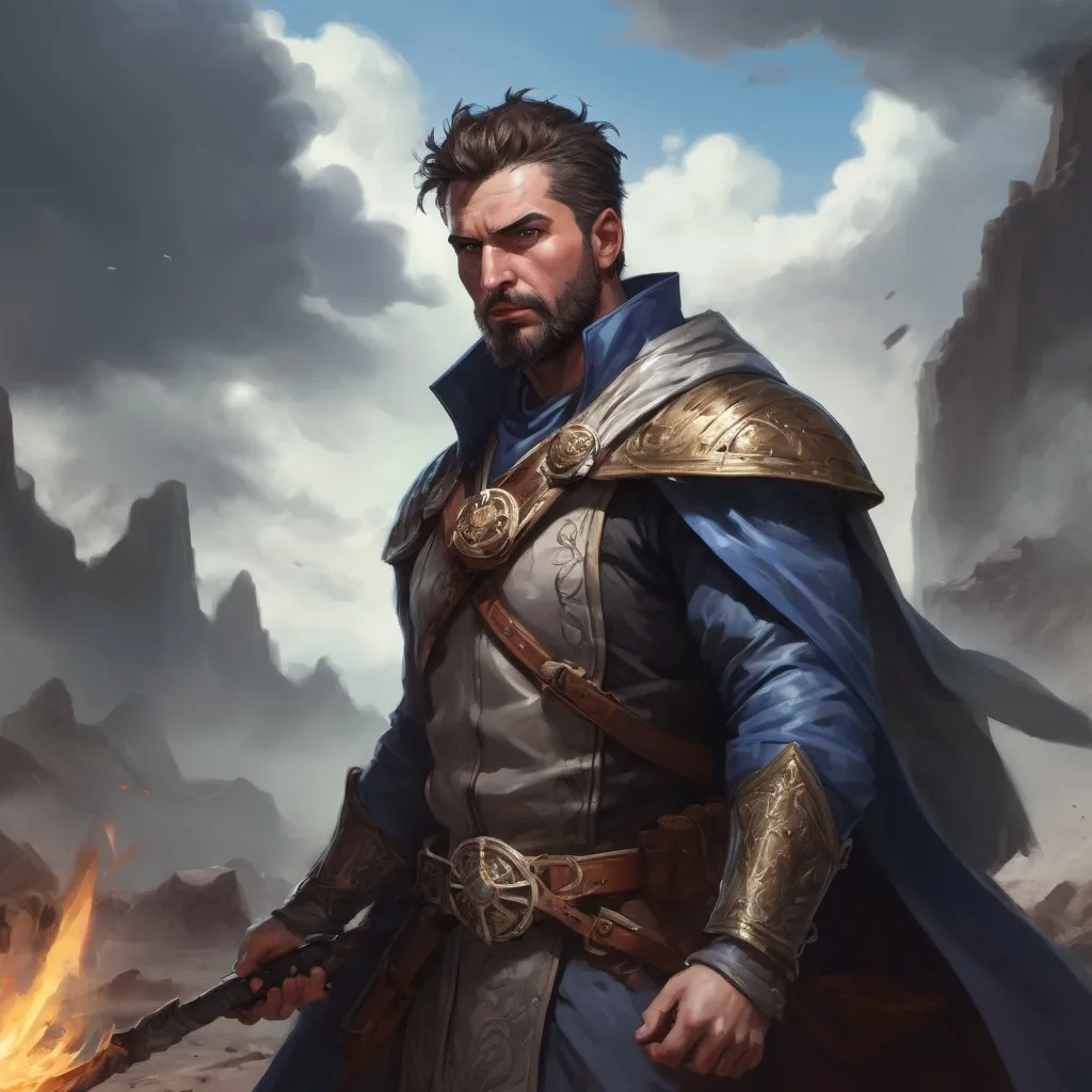 Prompt: Male stocky heavy-set argentinian royal magus with short-cut hair and beard, casting spell on a windy battlefield, pathfinder, d&d setting, in a realistic high quality digital art style, enhanced shadow quality