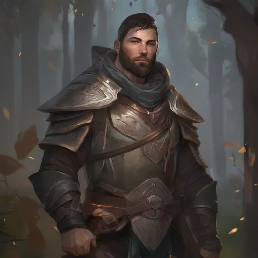 Prompt: (Full body) male manly stocky holy paladin with dark short-cut hair and beard, in nature at night, pathfinder, d&d setting, in a realistic digital art style