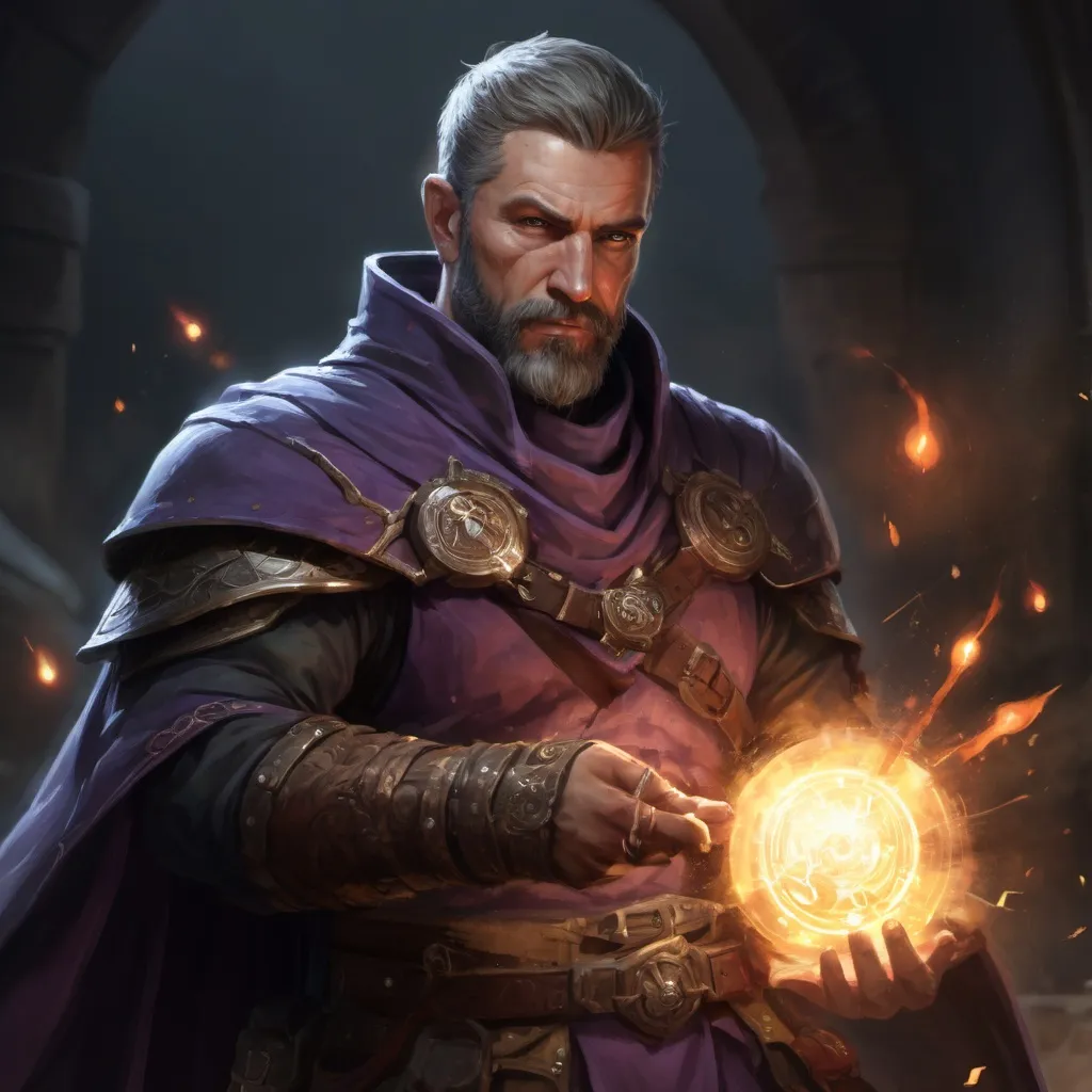Prompt: (torso) Male stocky large mature handsome battle-mage with short-cut hair and beard, engaged in combat casting an arcane-spell inside of a dark dungeon, in movement, pathfinder, d&d setting, realistic, enhanced shadow quality, colorful