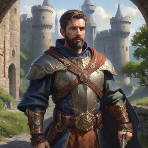 Prompt: Male heavy-set mature fit large royal spellcaster with short-cut hair and beard, in a windy castleground, pathfinder, d&d setting, enhanced shadow quality