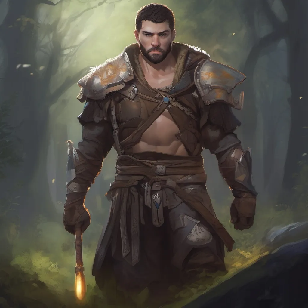 Prompt: (Full body) male stocky big-chested hairy-chested paladin with short hair and beard, no shirt on, in nature at night, pathfinder, d&d setting, in a realistic digital art style