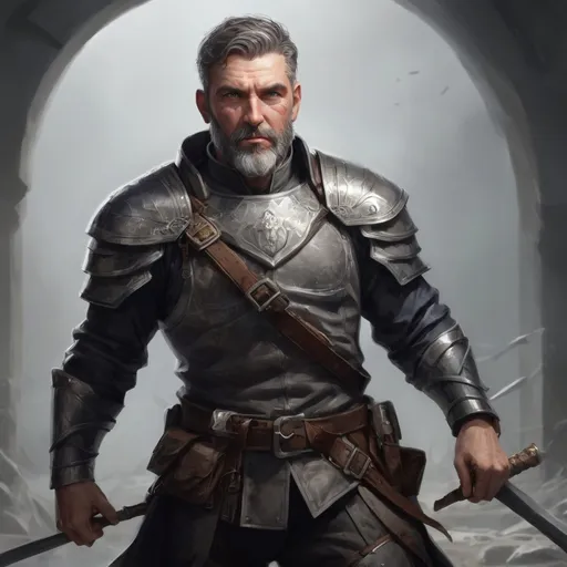 Prompt: Male stocky heavy-set mature illutionist with short-cut hair and beard, on a battlefield, in combat, casting a grey-spell, pathfinder, d&d setting, enhanced shadow quality, realistic
