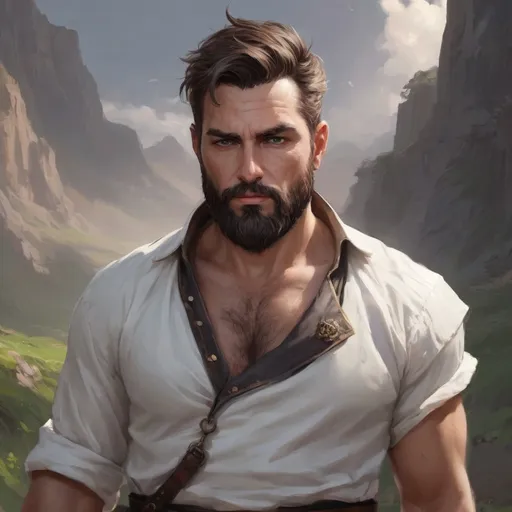 Prompt: male stocky heavy-set royal magus with short-cut hair and beard, open shirt hairy chest, casting swirly bright spell, in windy valley, pathfinder, d&d setting, realistic high quality, enhanced shadow quality