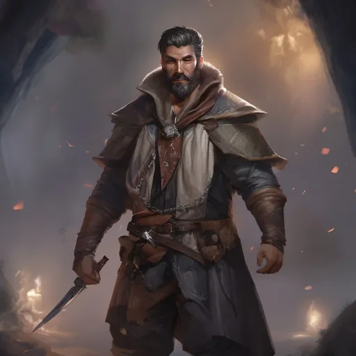 Prompt: (Full body) male stocky big-chested bandit with short hair and beard, in a dark room, pathfinder, d&d setting, in a realistic digital art style