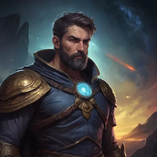 Prompt: Male stocky large mature greek transmuter with short-cut hair and beard, exploring a dark astral plane, pathfinder, d&d setting, in a realistic high quality digital art style, enhanced shadow quality, colorful