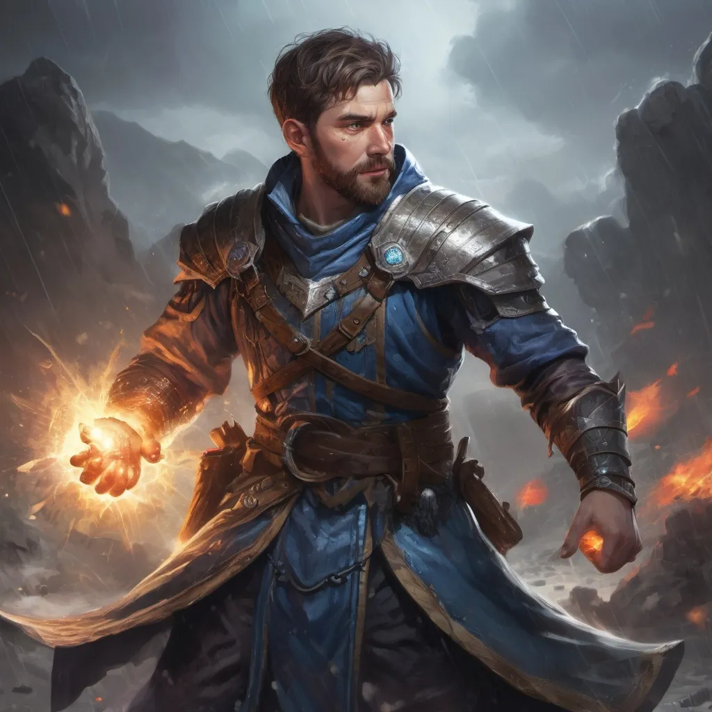 Prompt: Male stocky large battle-mage with short-cut hair and beard, wearing chainmail, engaged in combat casting a prismatic-spell on a battlefield in a rainstorm, pathfinder, d&d setting, in a realistic high quality digital art style, enhanced shadow quality, colorful