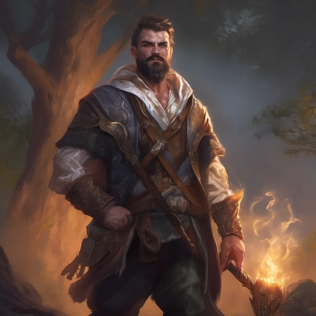 Prompt: (Full body) male stocky big-chested sorcerer with striped short hair and beard, no shirt on, hairy chest, casting swirly bright spell, in nature at night, pathfinder, d&d setting, in a realistic digital art style