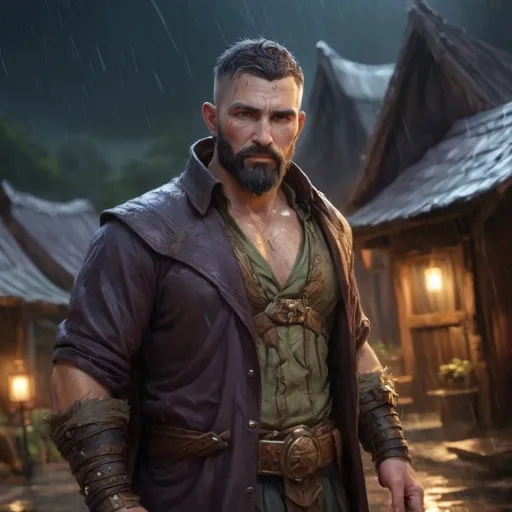 Prompt: Male stocky Muscular large mature druid with short-cut hair and beard, open shirt, outside of a small fantasy village in the rain at night, pathfinder, d&d setting, in a realistic high quality digital art style, enhanced shadow quality, colorful